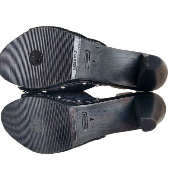 COACH Brenda Womens Shoe Sandal Sz 7 Wood Heel Black Metal Signature Logo A0871 - Picture 9 of 12